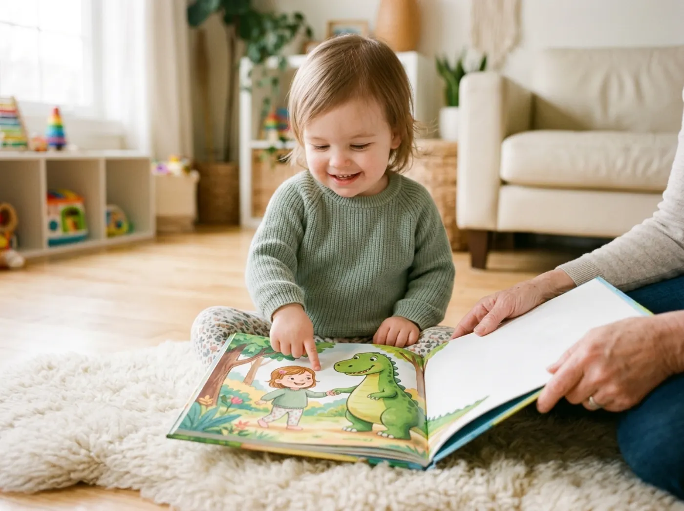 A toddler sitting on a rug and pointing excitedly at a picture of themselves in an open picture book