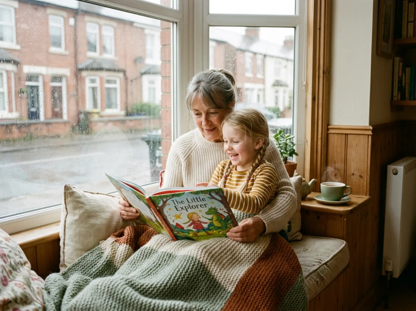 A grandmother reading a personalised picture book with her grandchild beside a sunny window